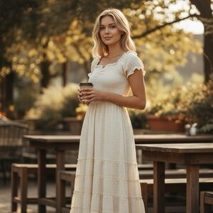 3/$18 Heartloom Mina Dress Medium Swiss Dot Tiered Cream Cotton Dress